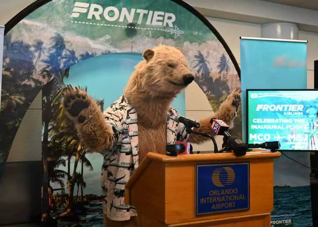 frontier airlines Inaugural flight-brand activation realistic grizzly bear costume